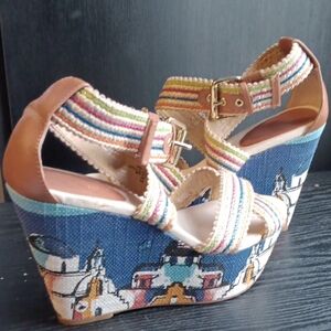 Nine West Multicolor Striped Platform Wedge Sandals Buckle Straps Size 9
